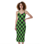 Black And Green Checkered Print Slim Fit Midi Cami Dress