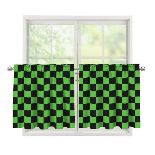 Black And Green Checkered Print Tier Curtains