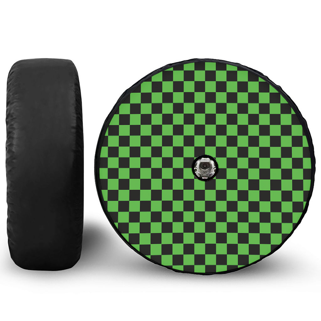 Black And Green Checkered Print Tire Cover With Camera Hole