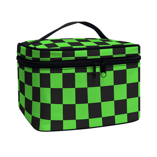 Black And Green Checkered Print Travel Makeup Bag