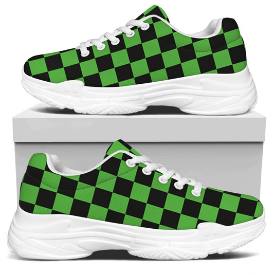 Black And Green Checkered Print White Chunky Shoes
