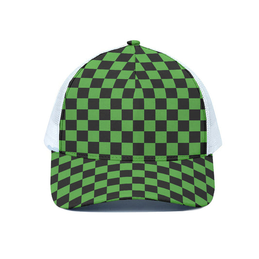 Black And Green Checkered Print White Mesh Trucker Cap