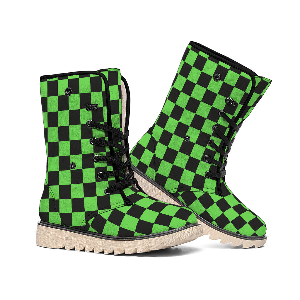 Black And Green Checkered Print Winter Boots