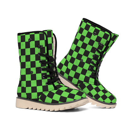 Black And Green Checkered Print Winter Boots