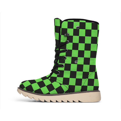 Black And Green Checkered Print Winter Boots