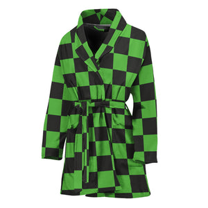 Black And Green Checkered Print Women's Bathrobe