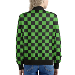 Black And Green Checkered Print Women's Bomber Jacket