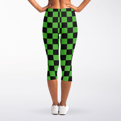 Black And Green Checkered Print Women's Capri Leggings