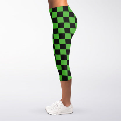 Black And Green Checkered Print Women's Capri Leggings