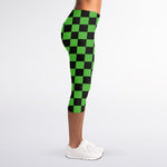 Black And Green Checkered Print Women's Capri Leggings