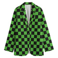 Black And Green Checkered Print Women's Cotton Blazer
