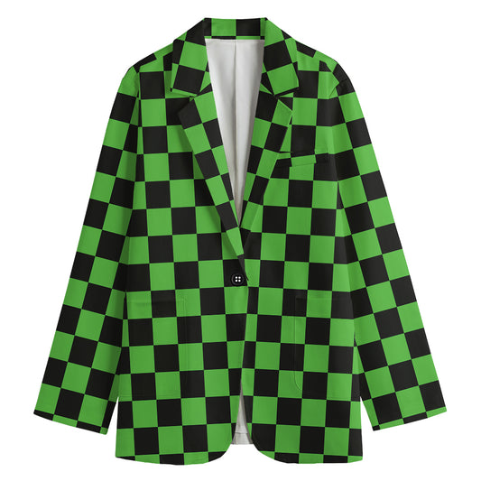 Black And Green Checkered Print Women's Cotton Blazer