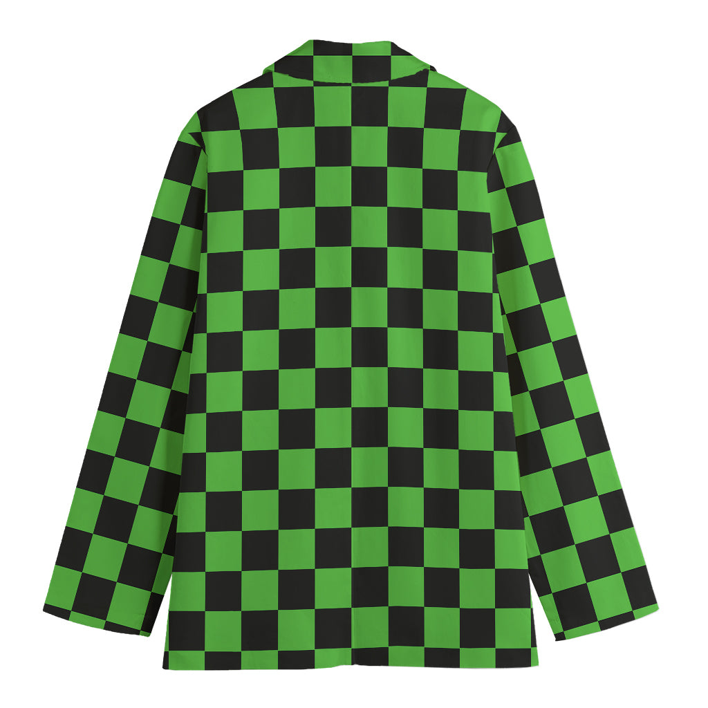 Black And Green Checkered Print Women's Cotton Blazer