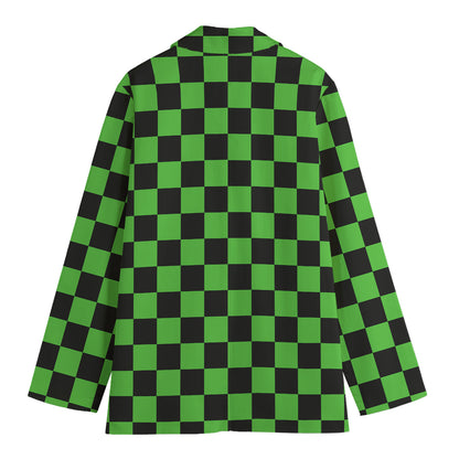 Black And Green Checkered Print Women's Cotton Blazer