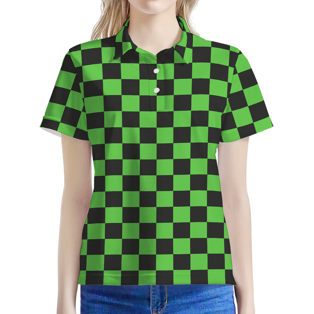 Black And Green Checkered Print Women's Polo Shirt