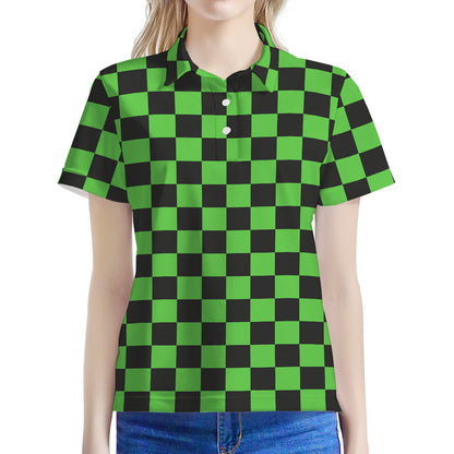 Black And Green Checkered Print Women's Polo Shirt