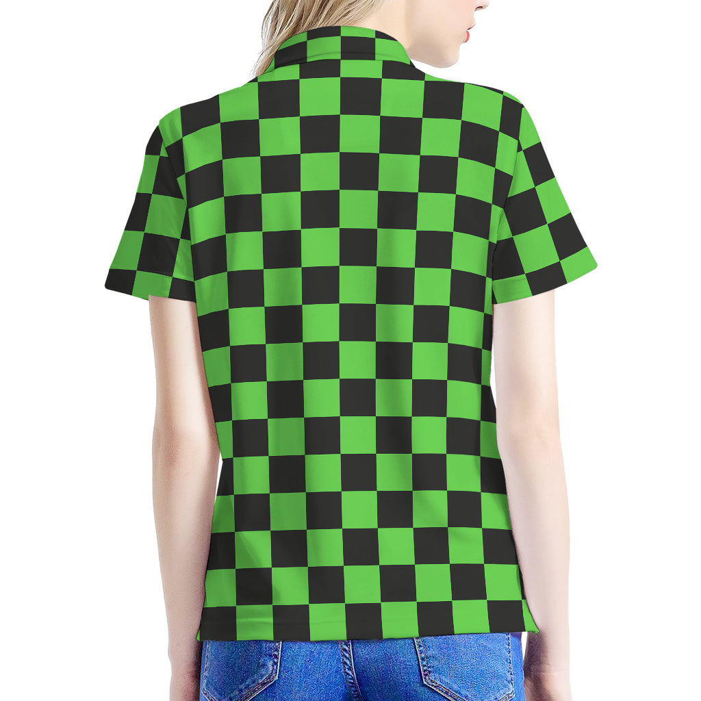 Black And Green Checkered Print Women's Polo Shirt