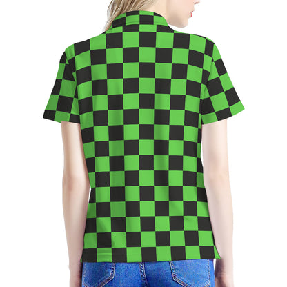 Black And Green Checkered Print Women's Polo Shirt
