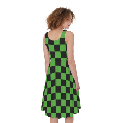 Black And Green Checkered Print Women's Sleeveless Dress