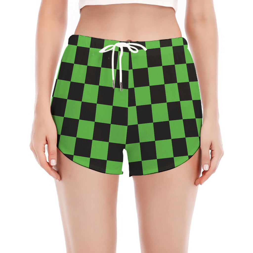 Black And Green Checkered Print Women's Split Running Shorts