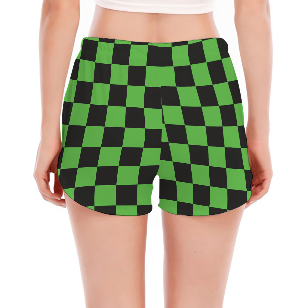 Black And Green Checkered Print Women's Split Running Shorts