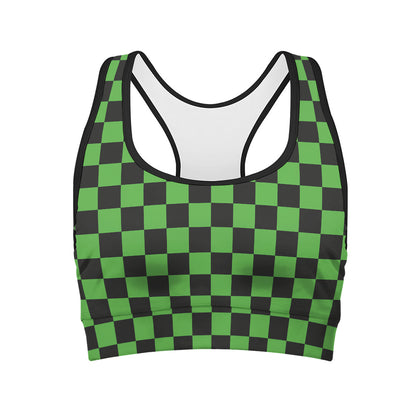 Black And Green Checkered Print Women's Sports Bra