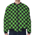 Black And Green Checkered Print Zip Sleeve Bomber Jacket