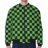 Black And Green Checkered Print Zip Sleeve Bomber Jacket