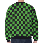 Black And Green Checkered Print Zip Sleeve Bomber Jacket