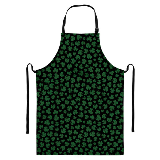 Black And Green Shamrock Pattern Print Bib Apron With Pocket