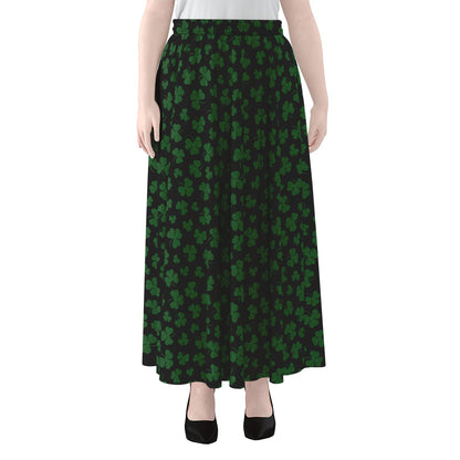 Black And Green Shamrock Pattern Print Chiffon Maxi Skirt