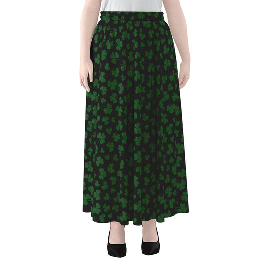 Black And Green Shamrock Pattern Print Chiffon Maxi Skirt