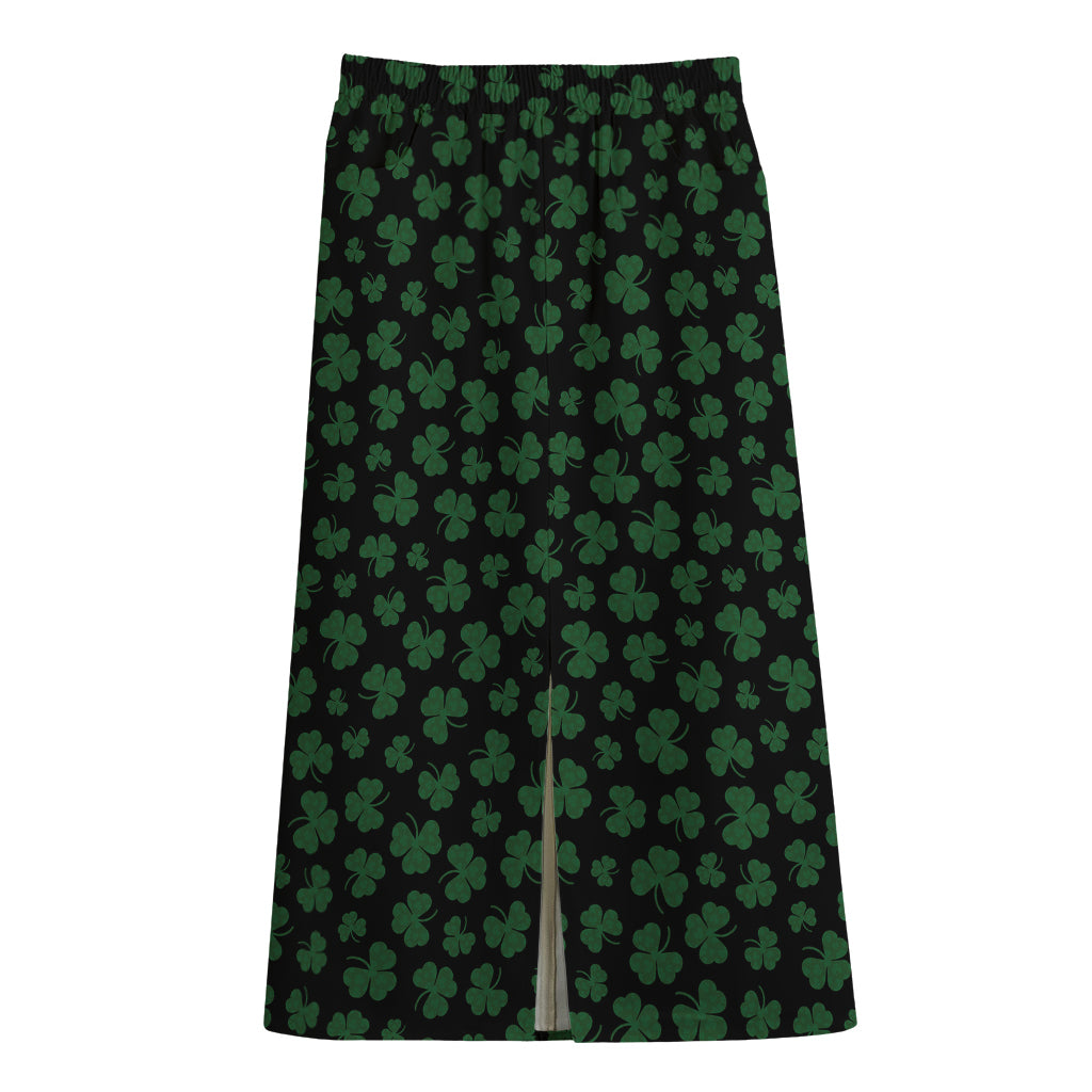 Black And Green Shamrock Pattern Print Cotton Front Slit Maxi Skirt