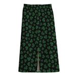 Black And Green Shamrock Pattern Print Cotton Front Slit Maxi Skirt