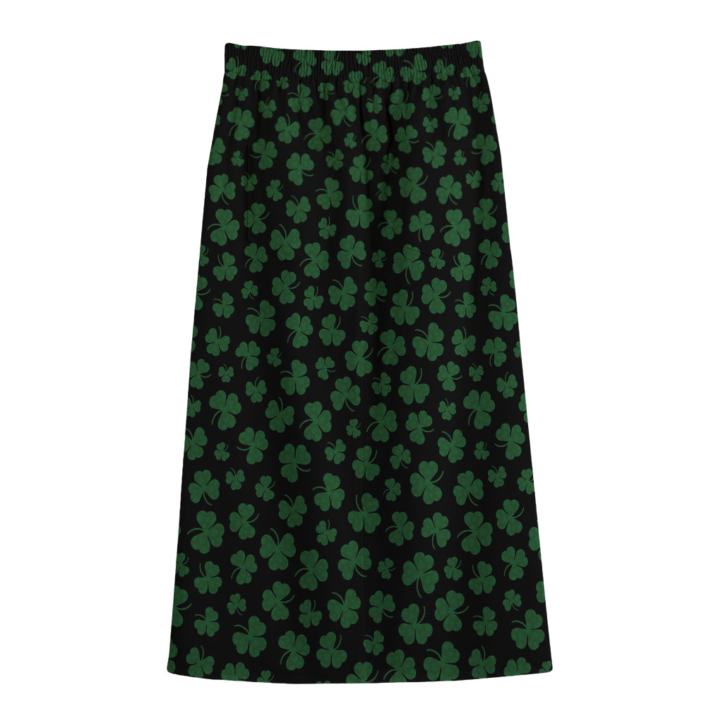 Black And Green Shamrock Pattern Print Cotton Front Slit Maxi Skirt