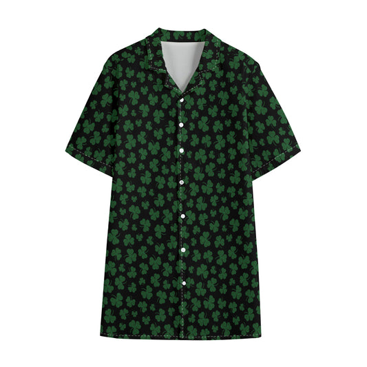 Black And Green Shamrock Pattern Print Cotton Hawaiian Shirt
