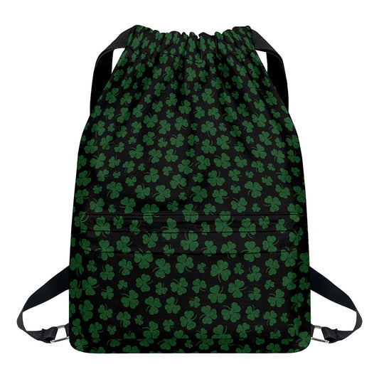 Black And Green Shamrock Pattern Print Drawstring Backpack