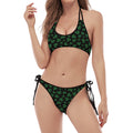 Black And Green Shamrock Pattern Print Halter Scoop Tie Side Bikini