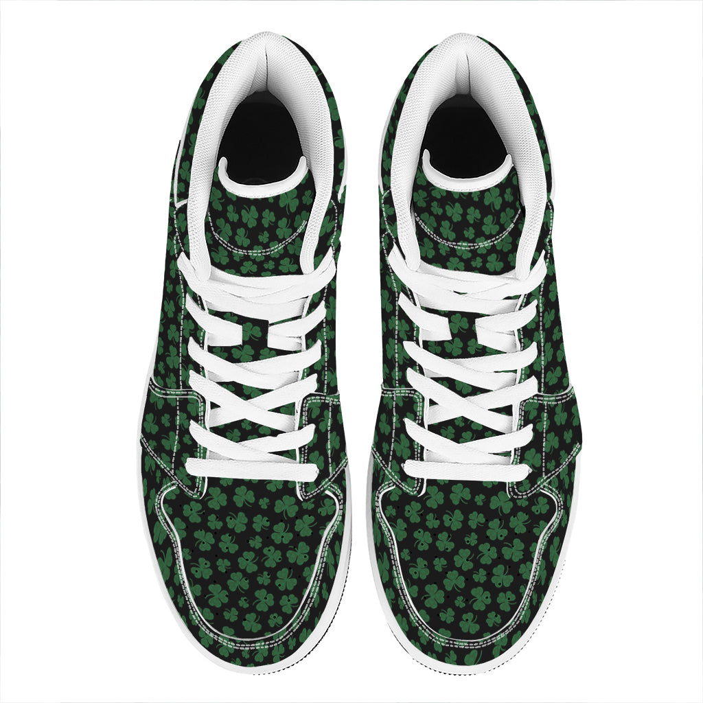 Black And Green Shamrock Pattern Print High Top Leather Sneakers