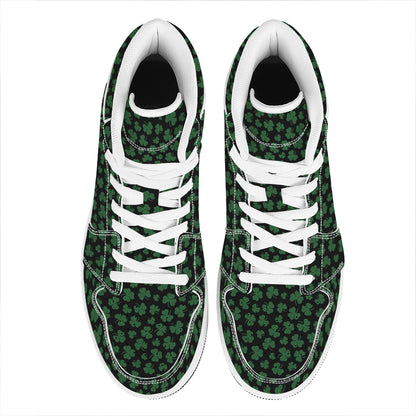 Black And Green Shamrock Pattern Print High Top Leather Sneakers