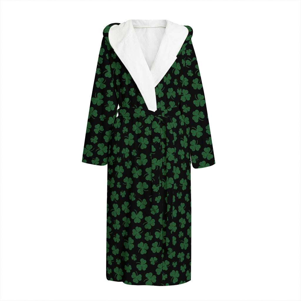 Black And Green Shamrock Pattern Print Hooded Bathrobe