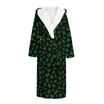 Black And Green Shamrock Pattern Print Hooded Bathrobe