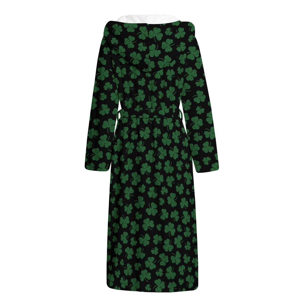 Black And Green Shamrock Pattern Print Hooded Bathrobe