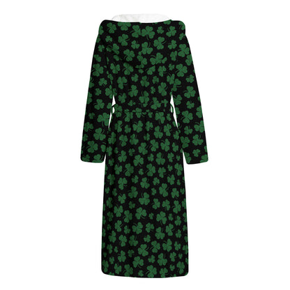 Black And Green Shamrock Pattern Print Hooded Bathrobe