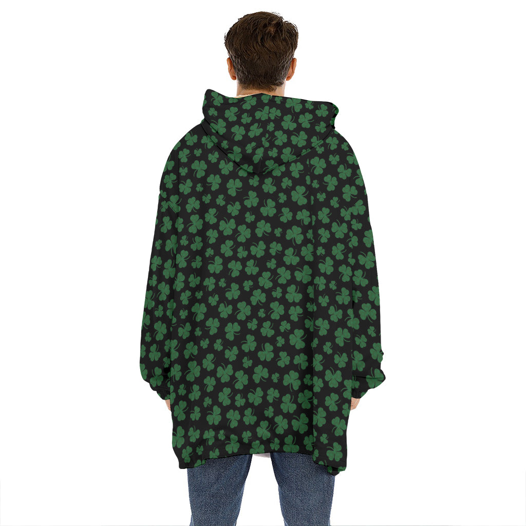 Black And Green Shamrock Pattern Print Hoodie Blanket