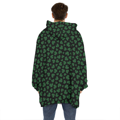 Black And Green Shamrock Pattern Print Hoodie Blanket