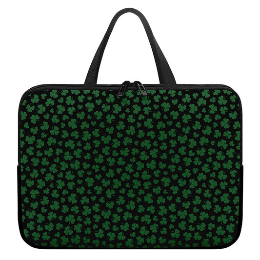 Black And Green Shamrock Pattern Print Laptop Sleeve With Handle