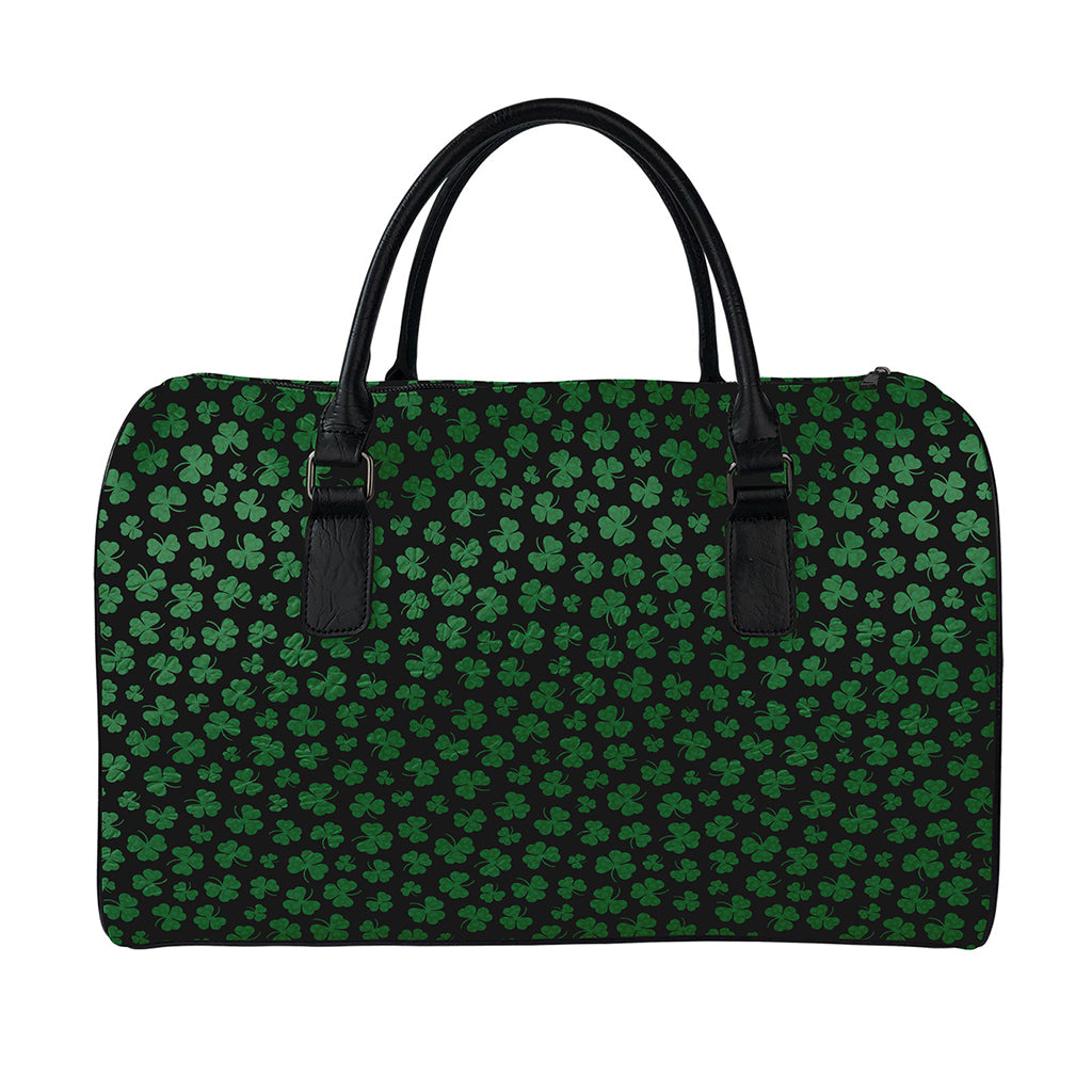 Black And Green Shamrock Pattern Print Leather Duffle Bag