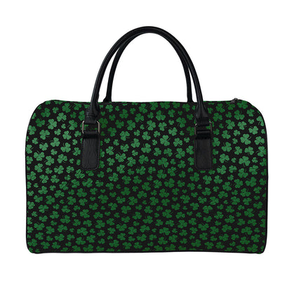 Black And Green Shamrock Pattern Print Leather Duffle Bag