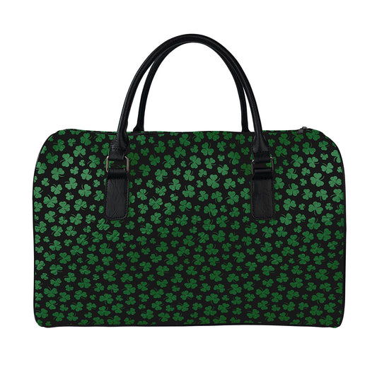 Black And Green Shamrock Pattern Print Leather Duffle Bag